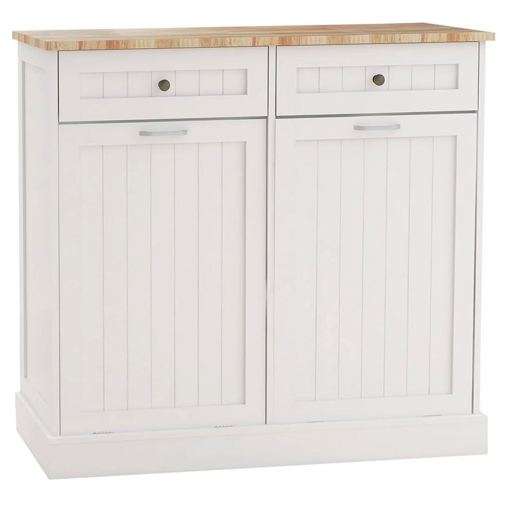 White Wooden Tilt Out Trash Can Cabinet with 2 Drawers N62620
