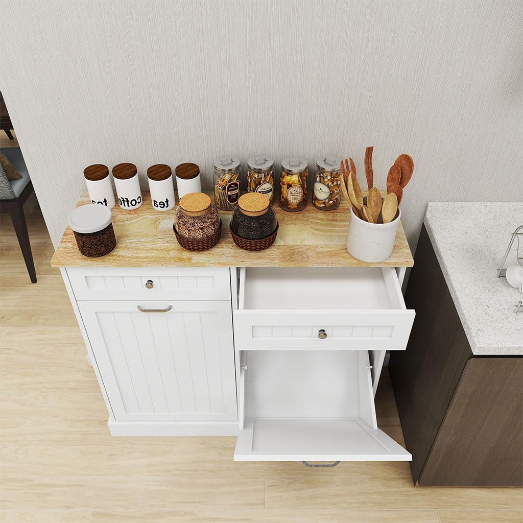 White Wooden Tilt Out Trash Can Cabinet with 2 Drawers N62620