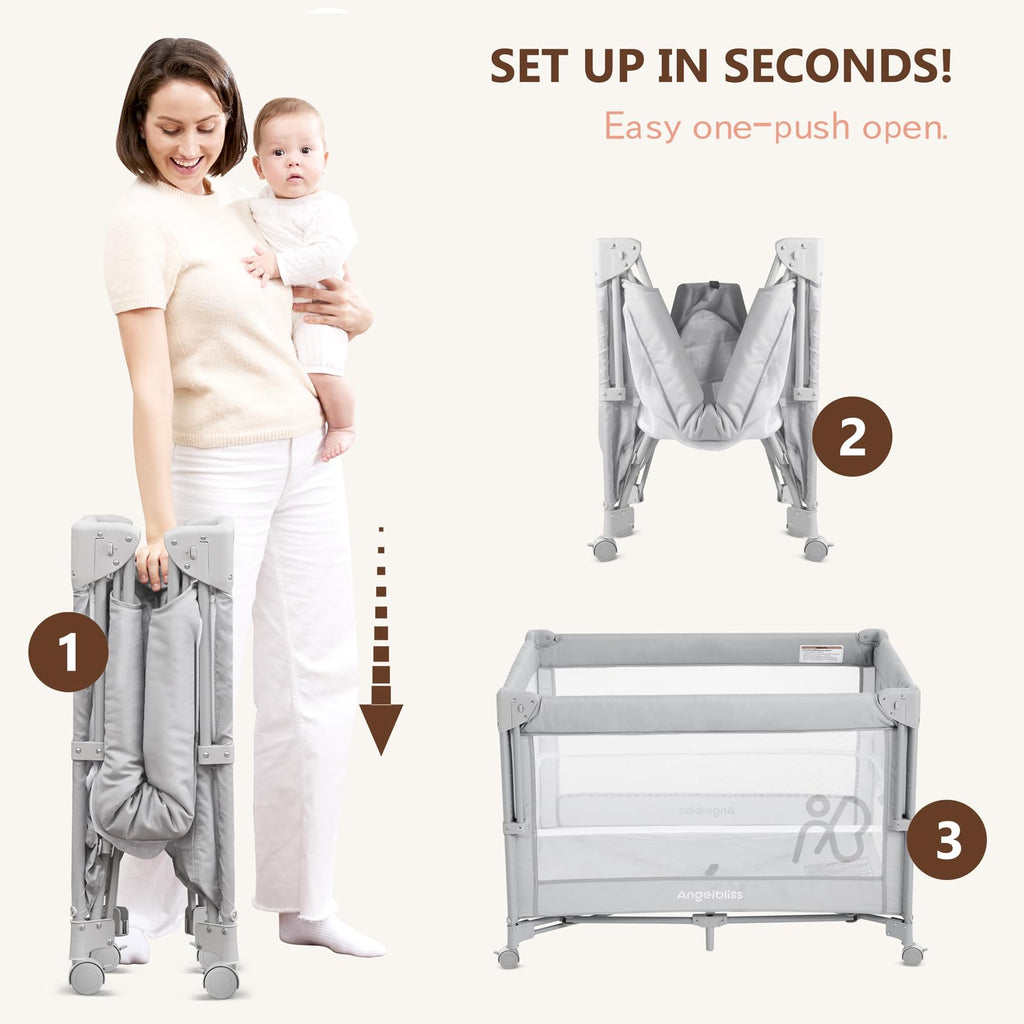 Pack and Play, Baby Bassinet Bedside Crib with Changer, Grey B835