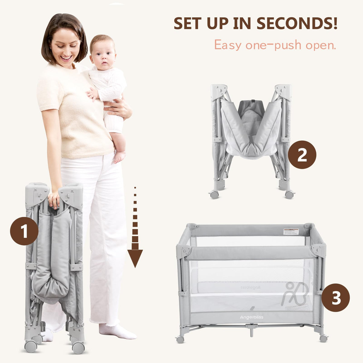 Pack and Play, Baby Bassinet Bedside Crib with Changer, Grey B835