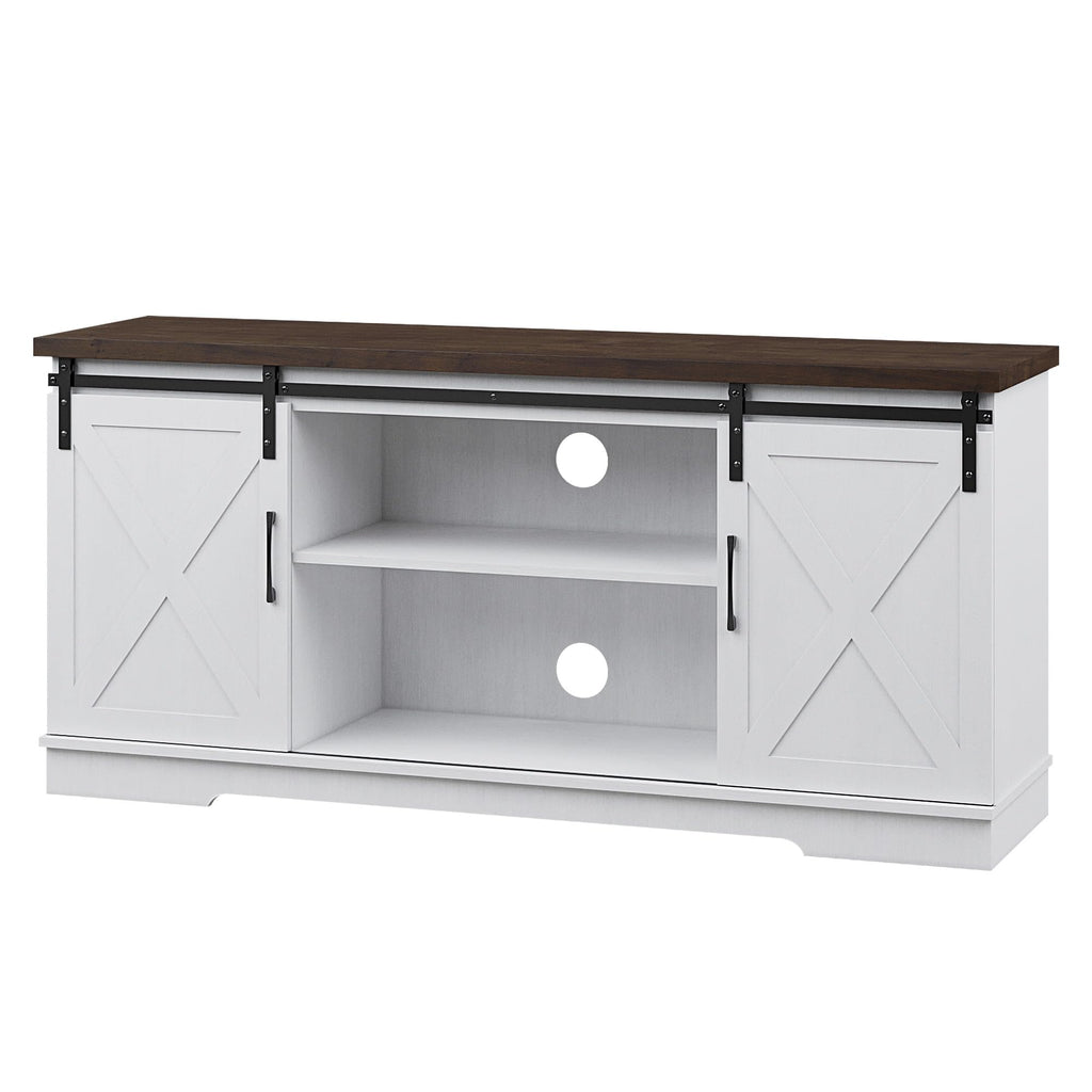 Farmhouse TV Stand with Sliding Barn Doors, White & Brown O586389