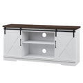 Farmhouse TV Stand with Sliding Barn Doors, White & Brown O586389