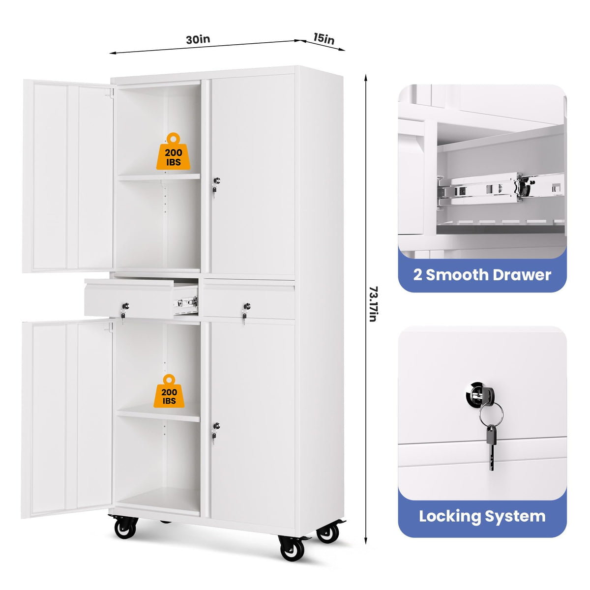 72” Rolling Metal Storage Cabinet with Locking Doors & 2 Drawers A25135