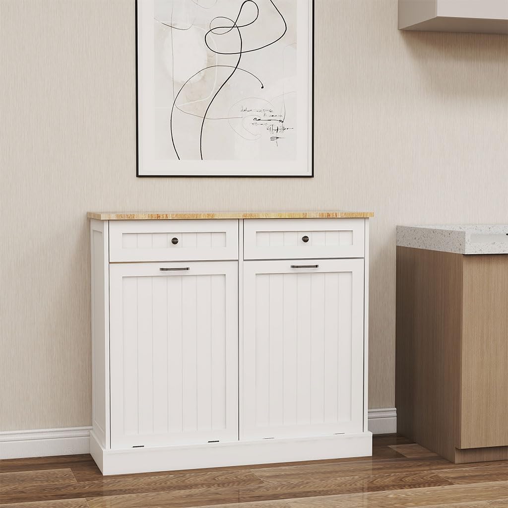 White Wooden Tilt Out Trash Can Cabinet with 2 Drawers N62620