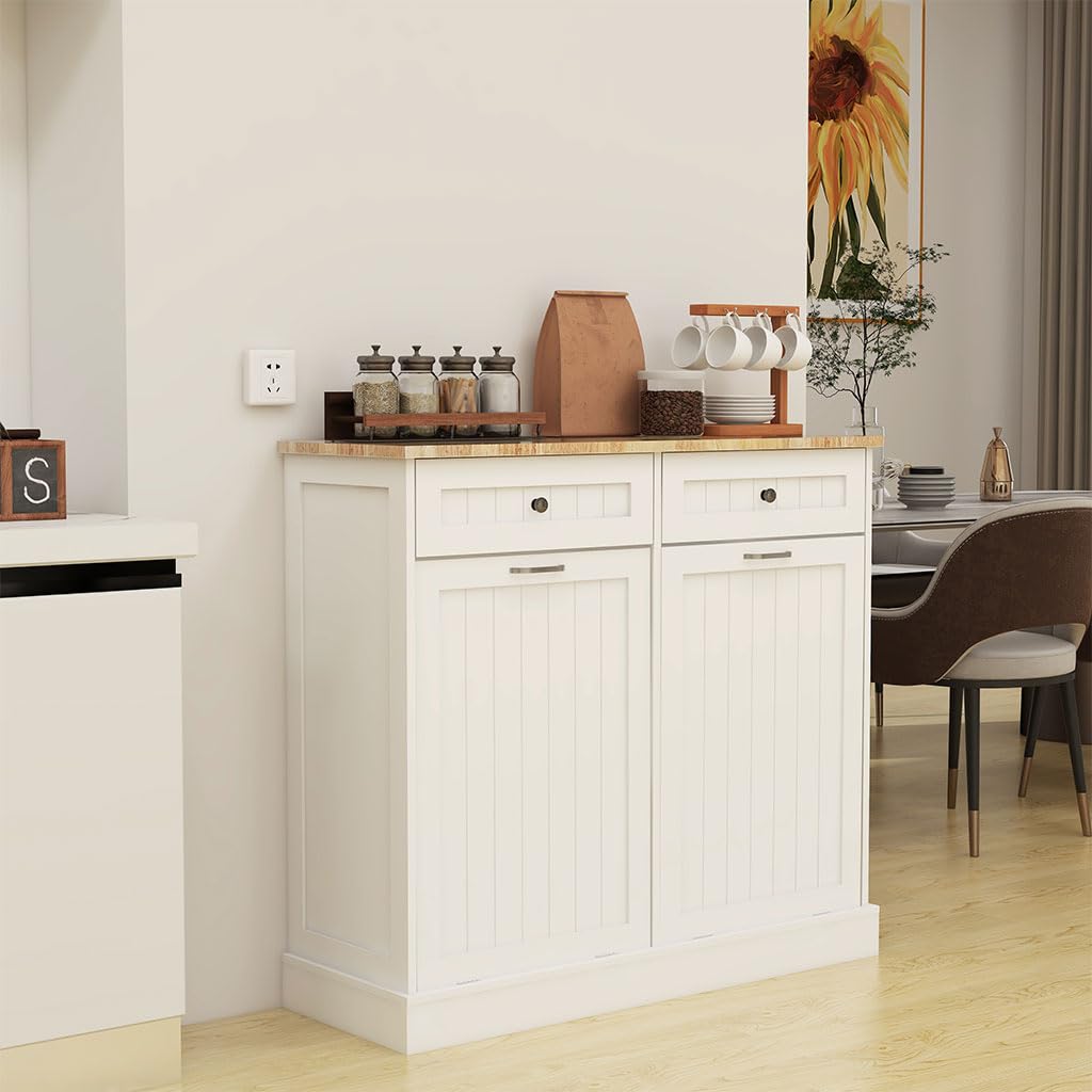 White Wooden Tilt Out Trash Can Cabinet with 2 Drawers N62620