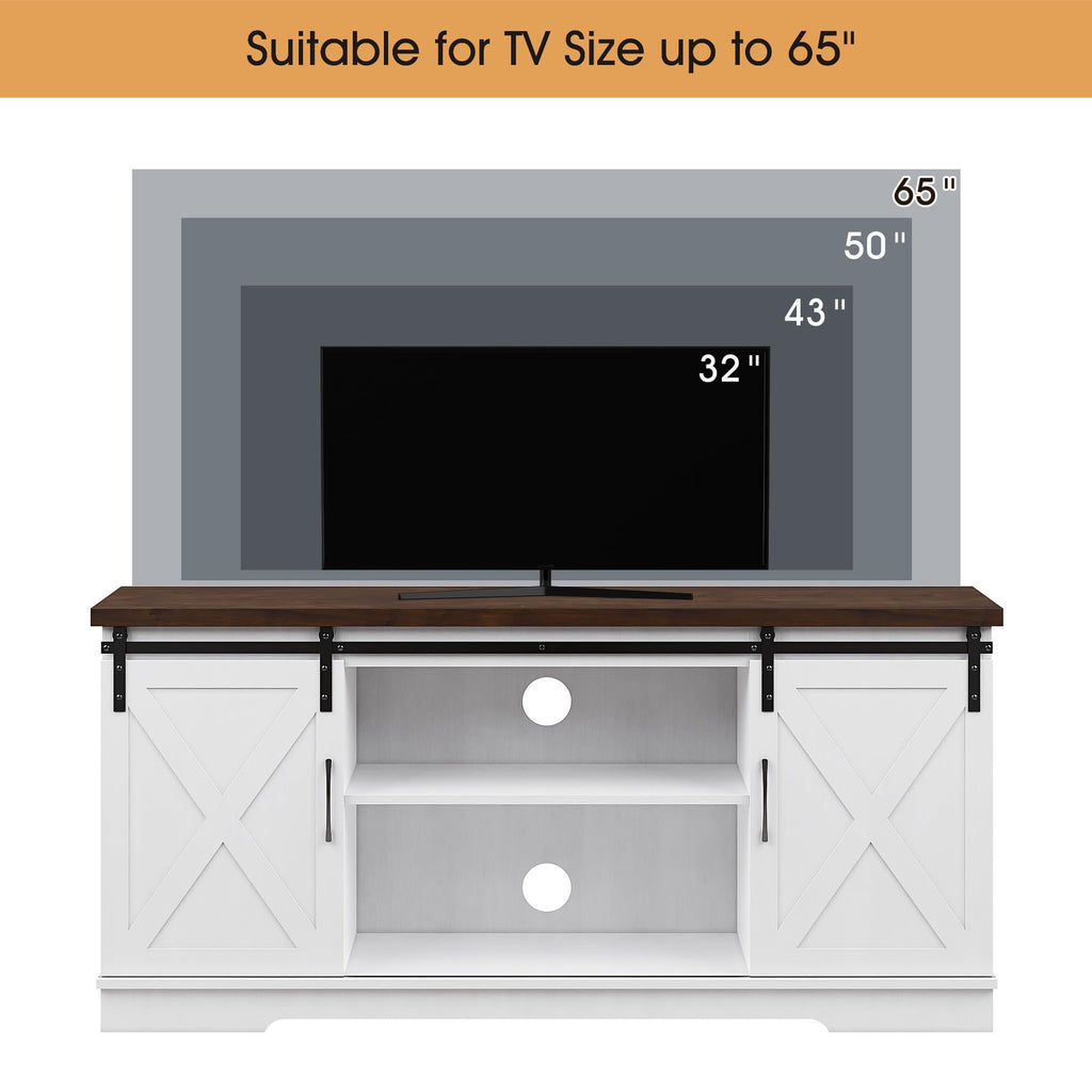 Farmhouse TV Stand with Sliding Barn Doors, White & Brown O586389