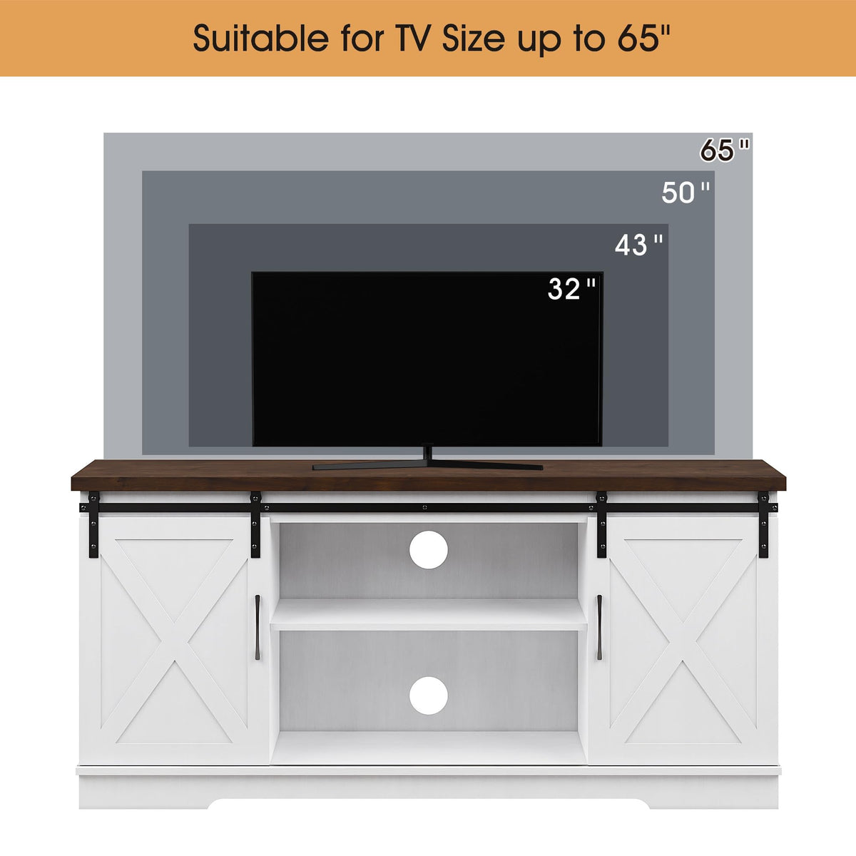 Farmhouse TV Stand with Sliding Barn Doors, White & Brown O586389