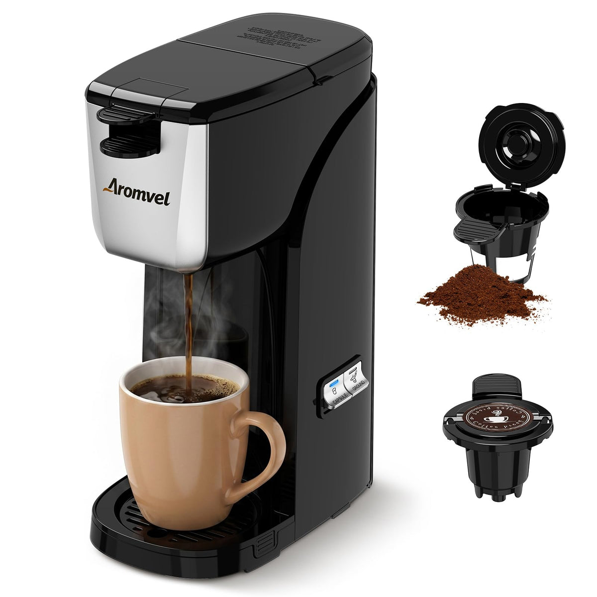 2-in-1 Single Serve Coffee Maker, K Cup & Ground, 6-14 oz, Silver R5759