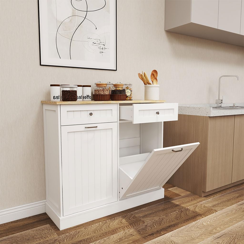 White Wooden Tilt Out Trash Can Cabinet with 2 Drawers N62620