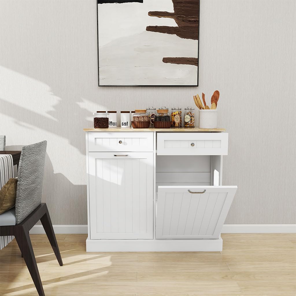 White Wooden Tilt Out Trash Can Cabinet with 2 Drawers N62620