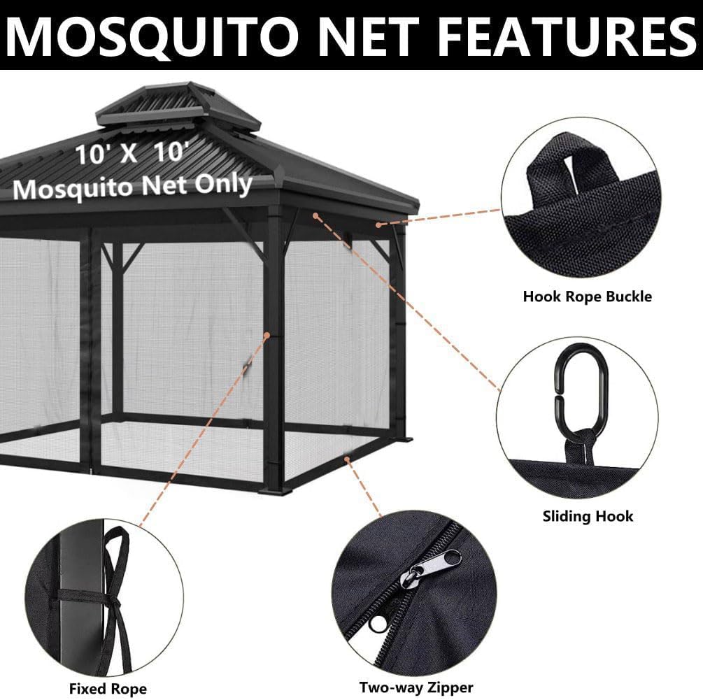Mosquito Net 4-Panel Canopy Screen Wall with Zipper for 10 x 10' Gazebo K747076