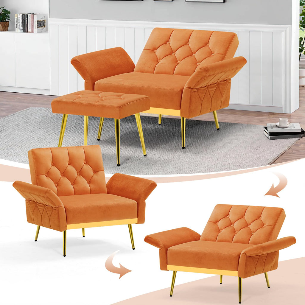 Orange Velvet Accent Chair with Ottoman O5900