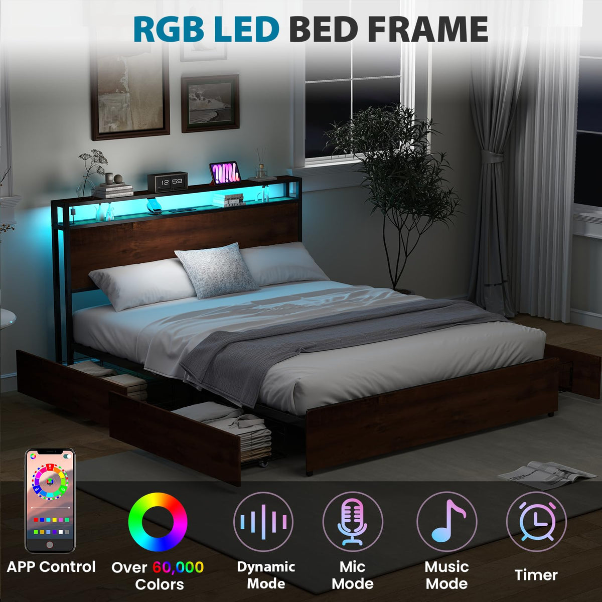 Queen Size Bed Frame with 4 Storage Drawers C487605