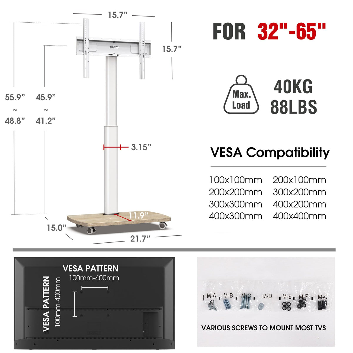 Rolling TV Stand for 32-65 Inch TVs, Height Adjustable with Swivel & Tilt Mount M940845