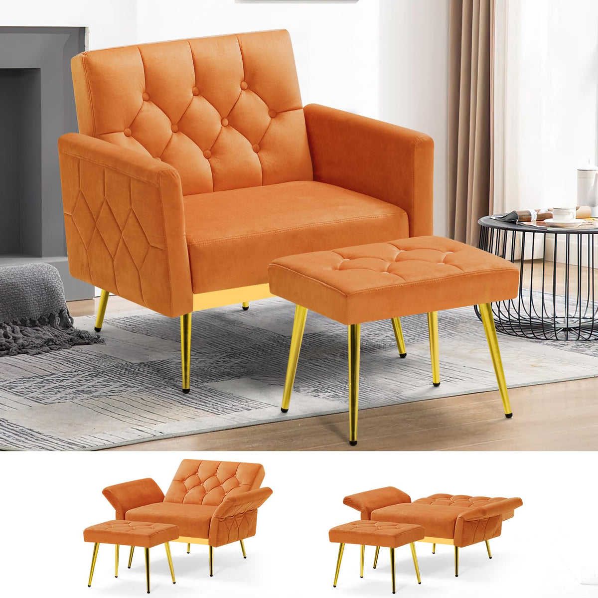 Orange Velvet Accent Chair with Ottoman O5900