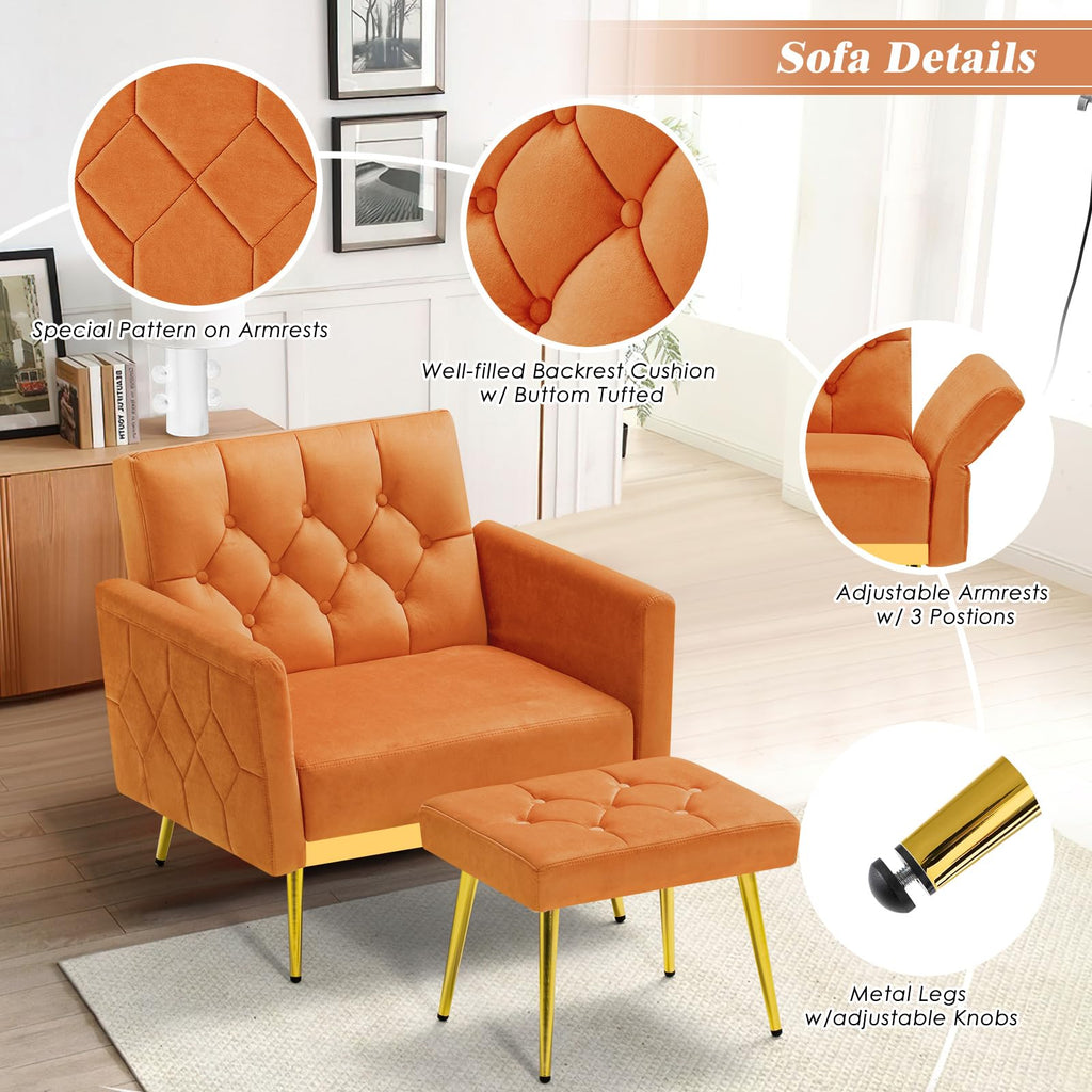 Orange Velvet Accent Chair with Ottoman O5900