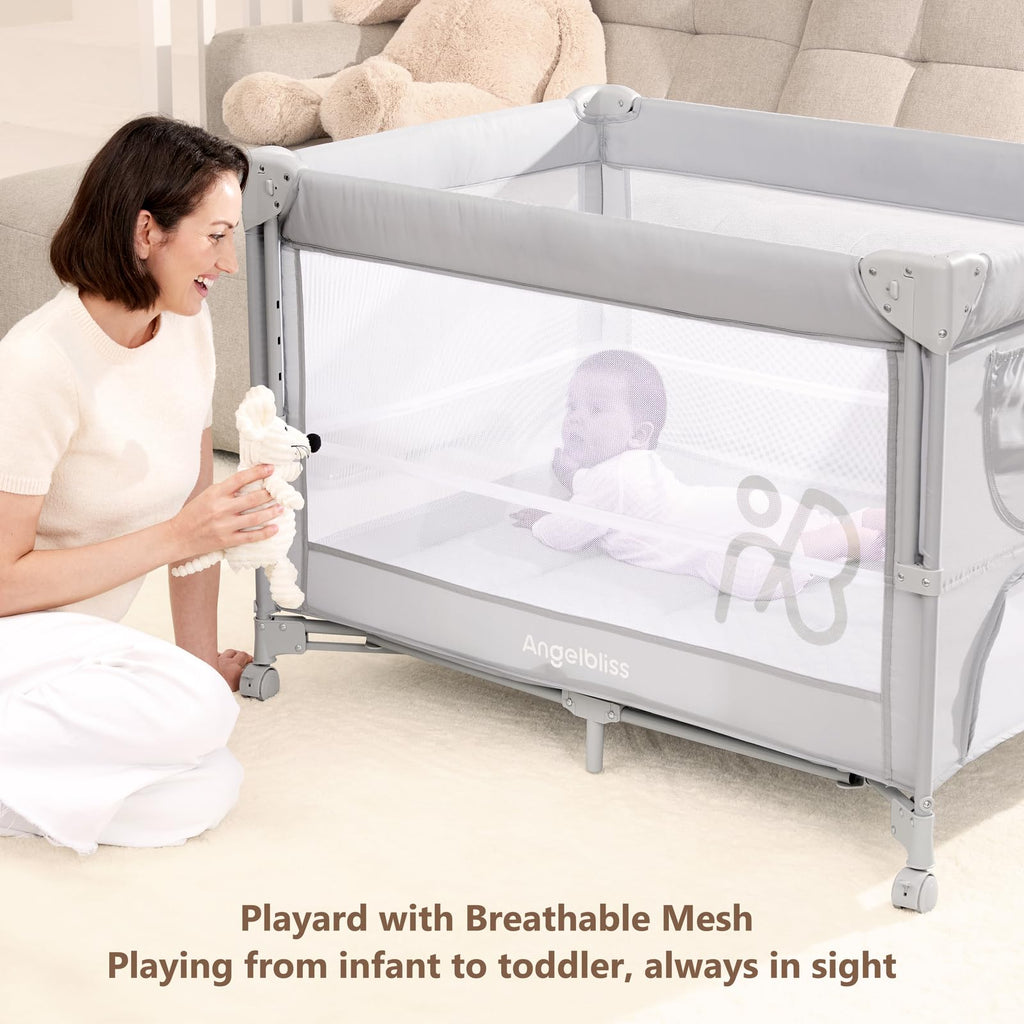 Pack and Play, Baby Bassinet Bedside Crib with Changer, Grey B835