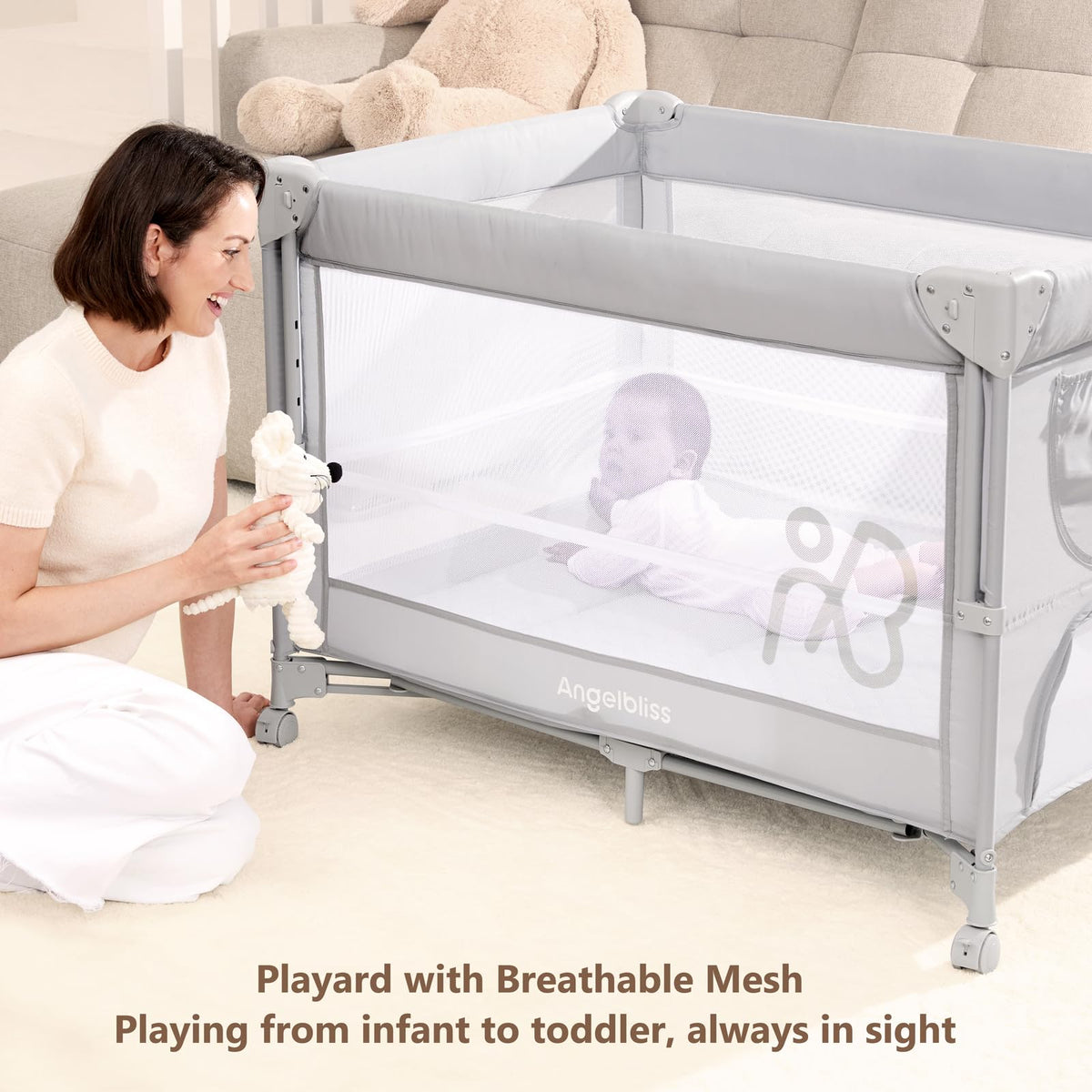 Pack and Play, Baby Bassinet Bedside Crib with Changer, Grey B835