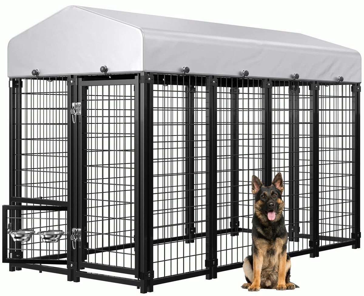 Weatherproof Outdoor Dog Kennel with Roof & Feeders D709