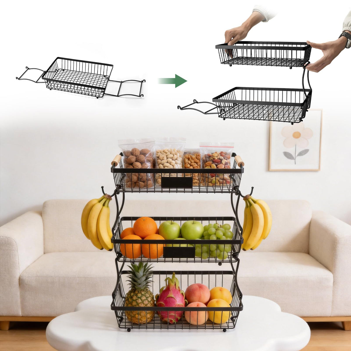 3 Tier Black Mesh Fruit Basket with 2 Banana Hangers A3623