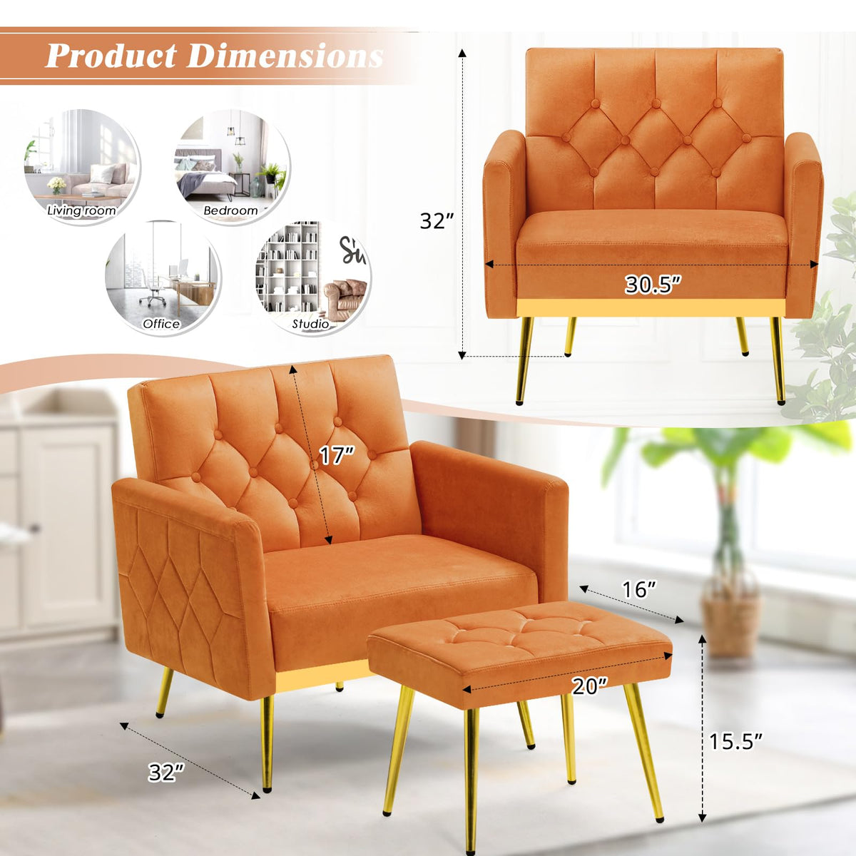 Orange Velvet Accent Chair with Ottoman O5900