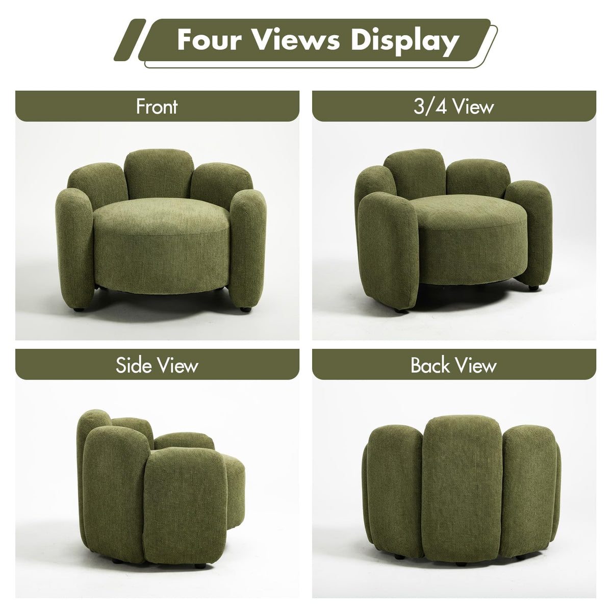 Green Set of 2 Upholstered Barrel Accent Chairs with Solid Wood Base V6266