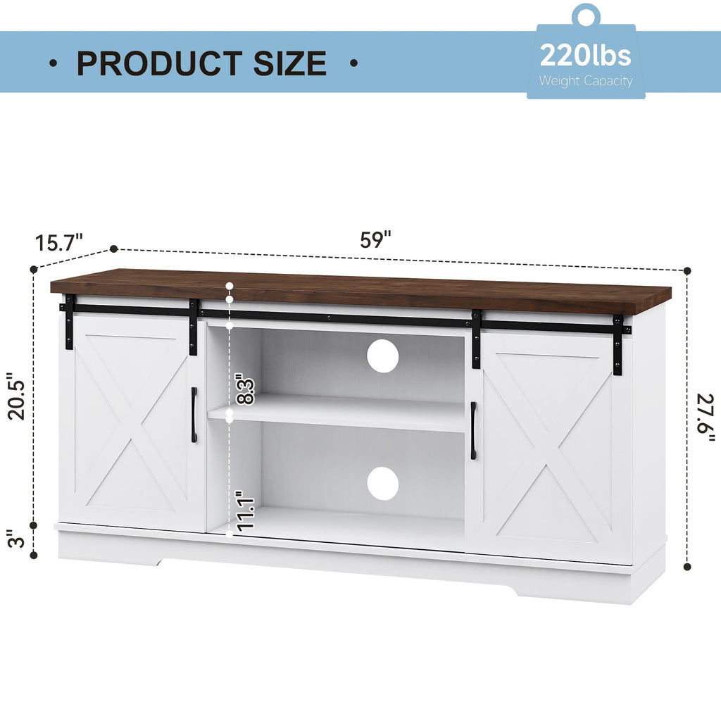 Farmhouse TV Stand with Sliding Barn Doors, White & Brown O586389