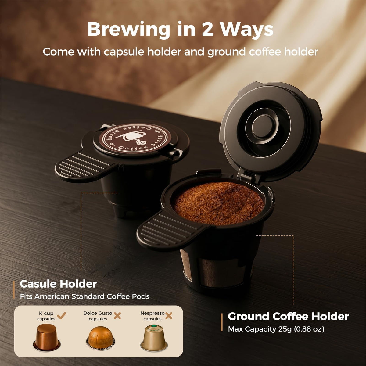 2-in-1 Single Serve Coffee Maker, K Cup & Ground, 6-14 oz, Silver R5759