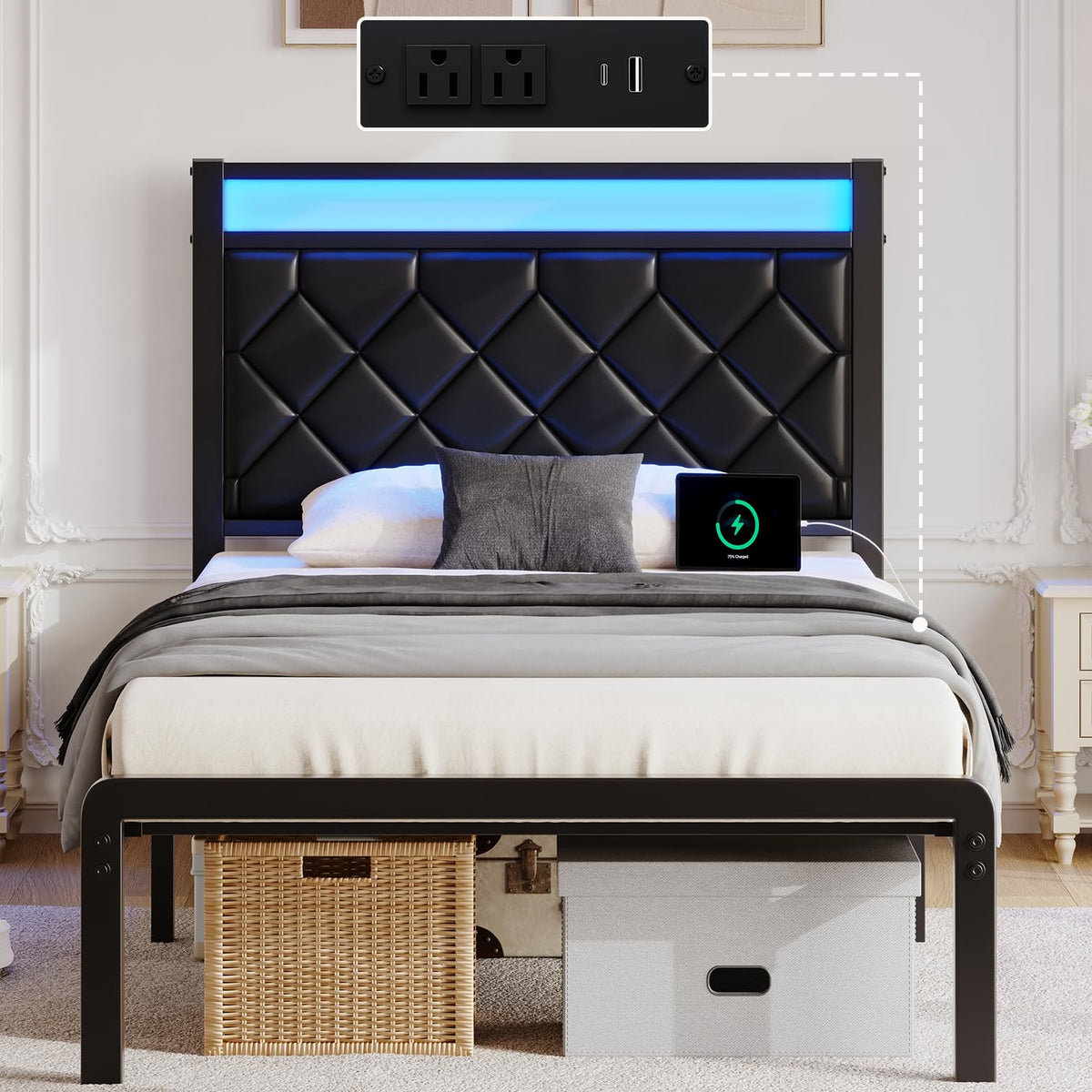 Twin Platform Bed Frame with Charging Station J50665
