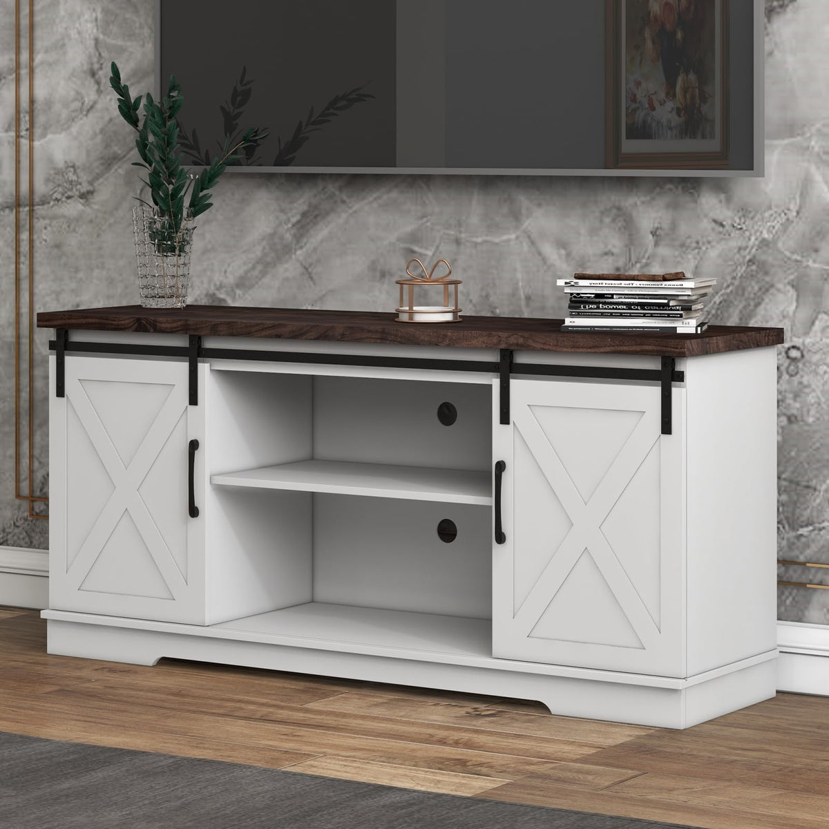 Farmhouse TV Stand with Sliding Barn Doors, White & Brown O586389