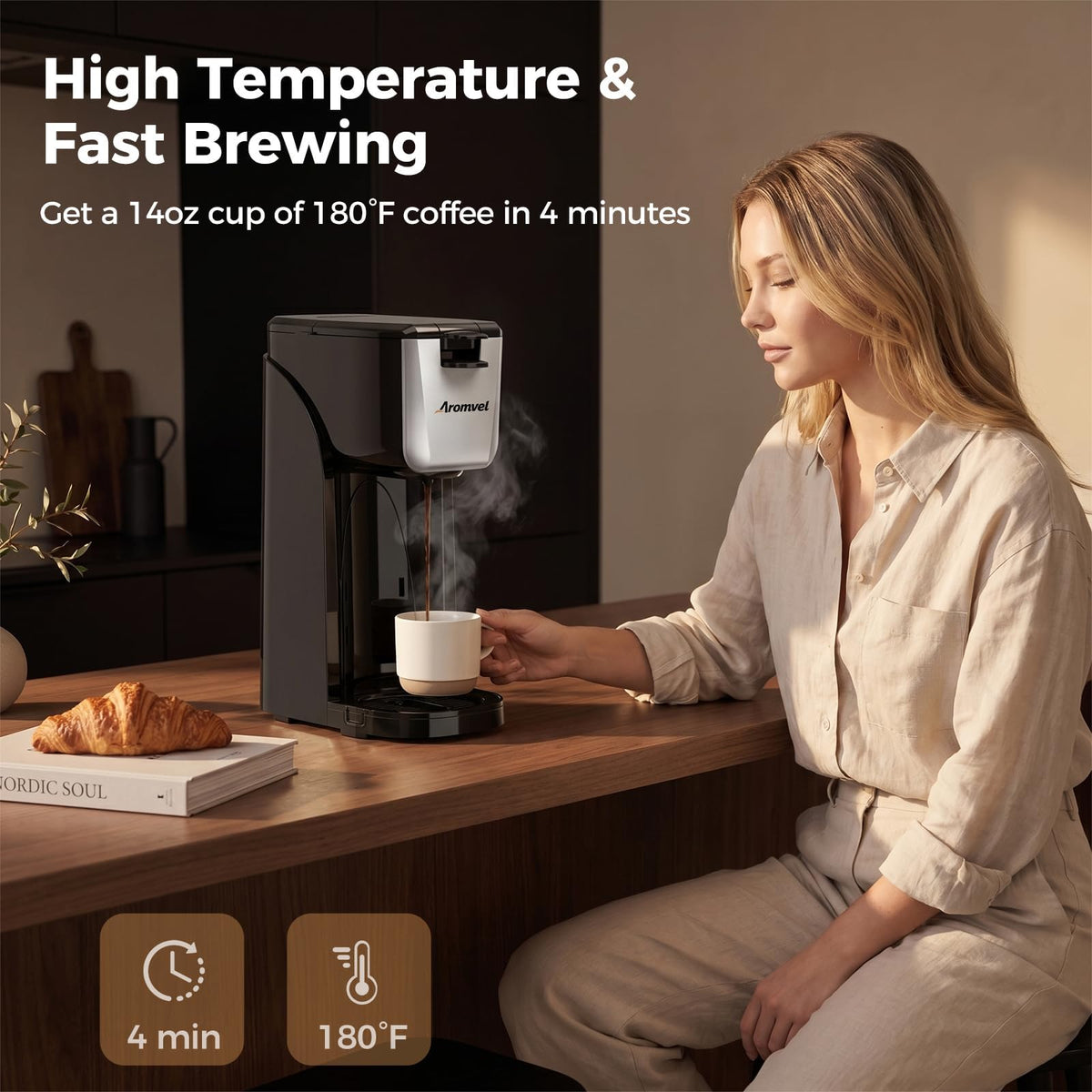 2-in-1 Single Serve Coffee Maker, K Cup & Ground, 6-14 oz, Silver R5759