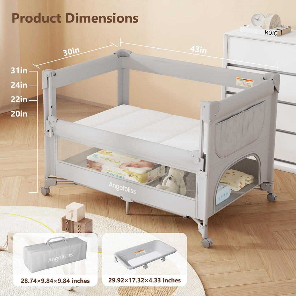 Pack and Play, Baby Bassinet Bedside Crib with Changer, Grey B835
