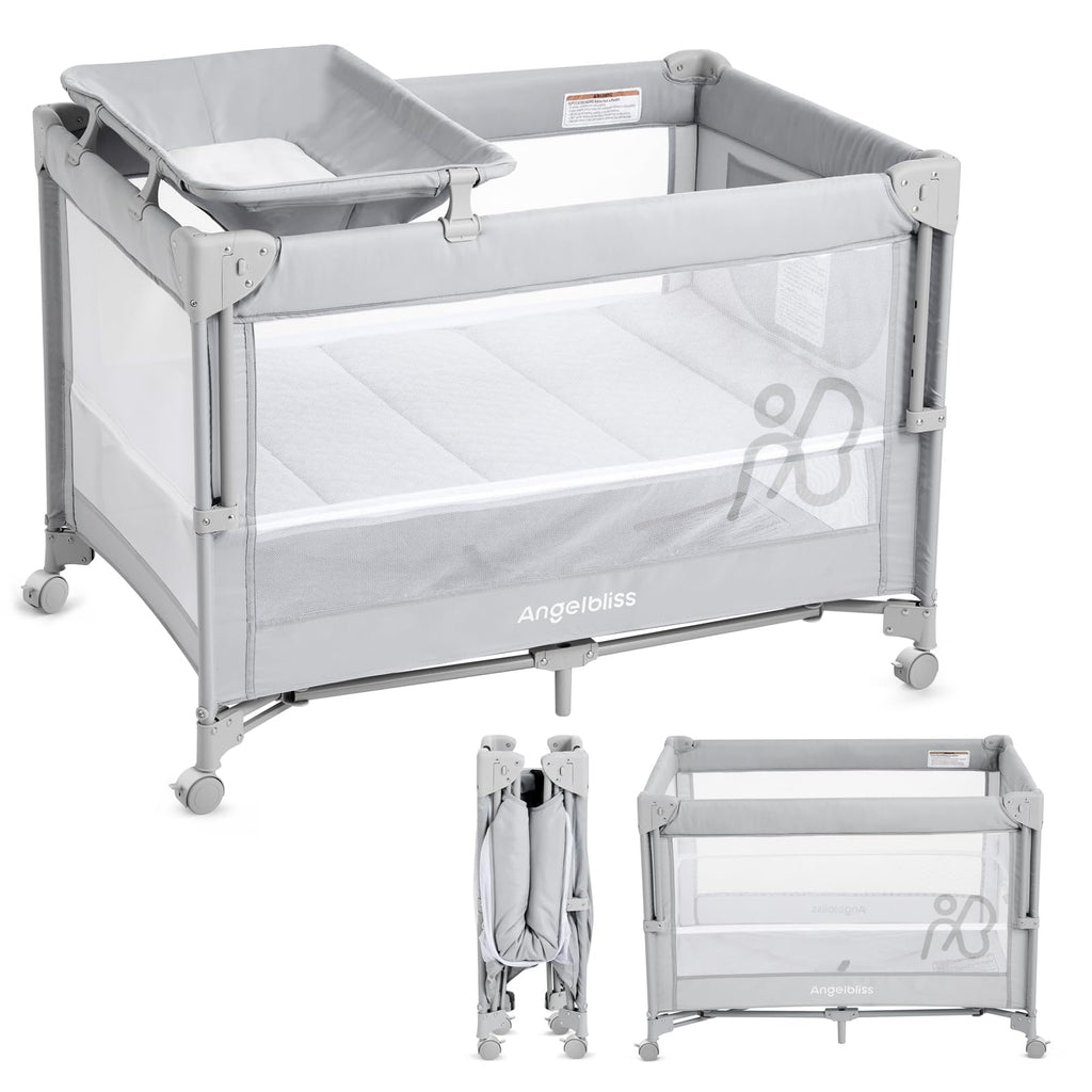 Pack and Play, Baby Bassinet Bedside Crib with Changer, Grey B835