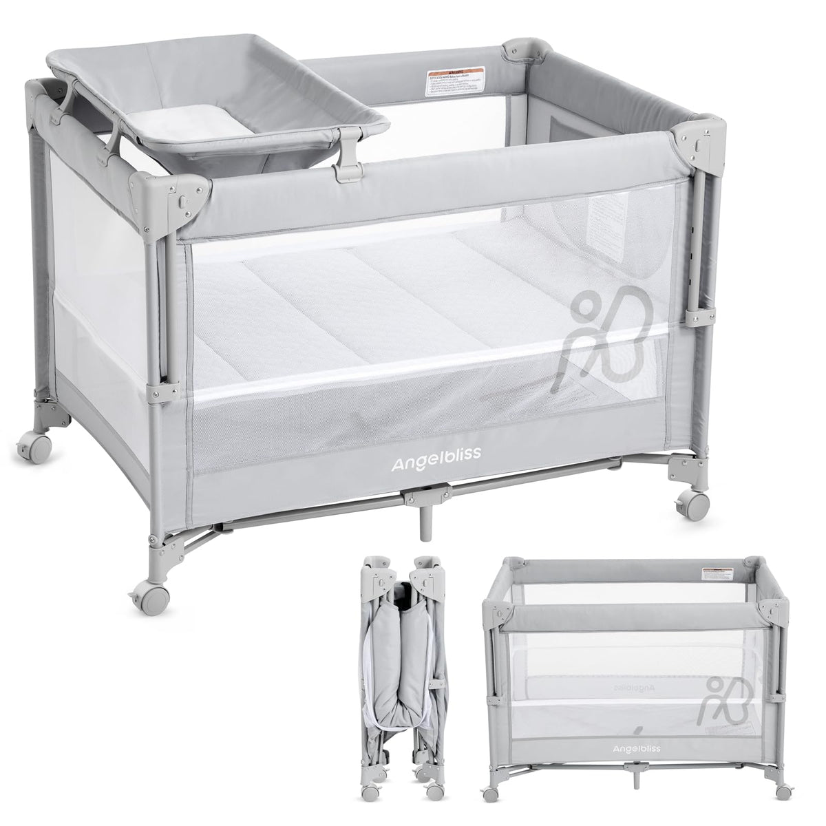 Pack and Play, Baby Bassinet Bedside Crib with Changer, Grey B835