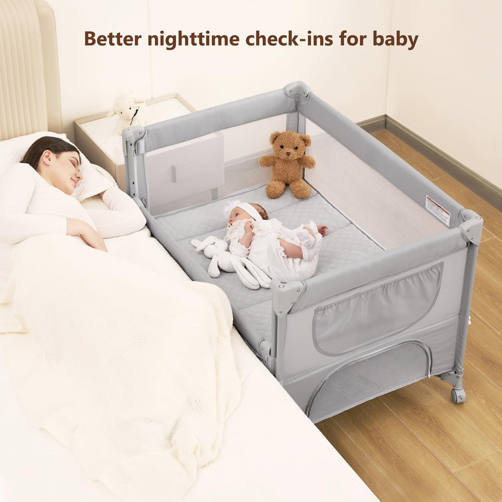 Pack and Play, Baby Bassinet Bedside Crib with Changer, Grey B835