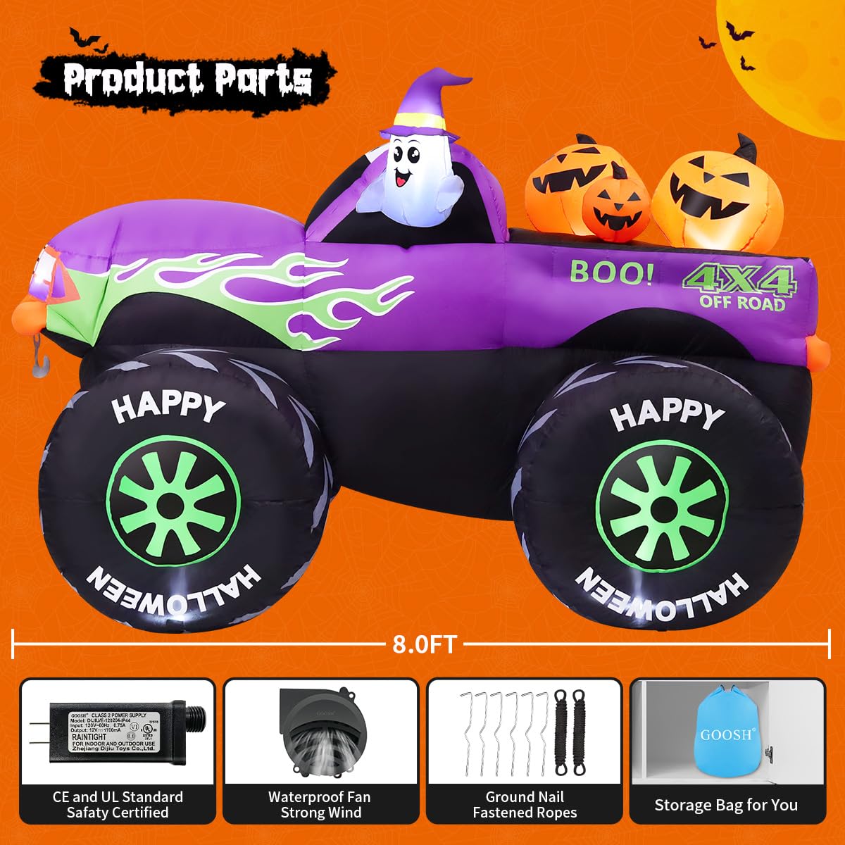 8 FT Halloween Inflatable Monster Truck with Built-in LEDs L6359