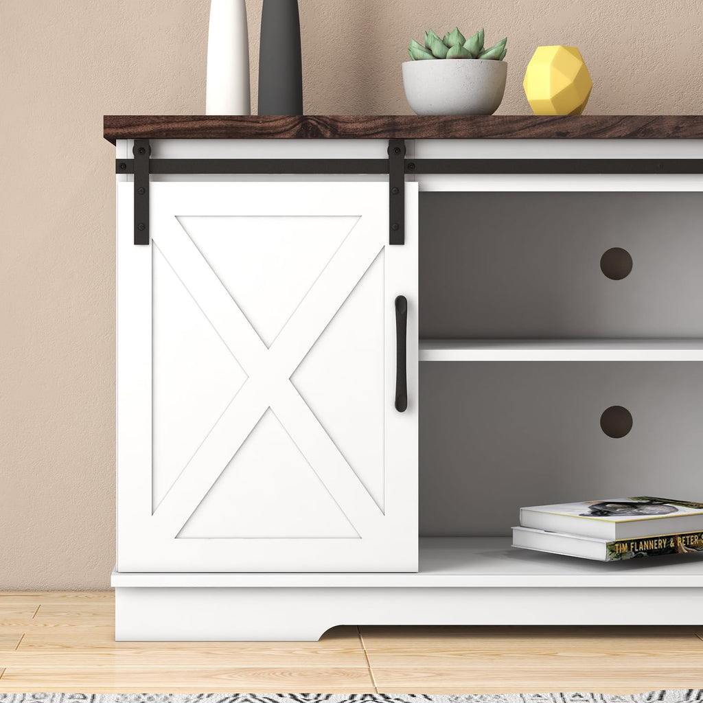 Farmhouse TV Stand with Sliding Barn Doors, White & Brown O586389