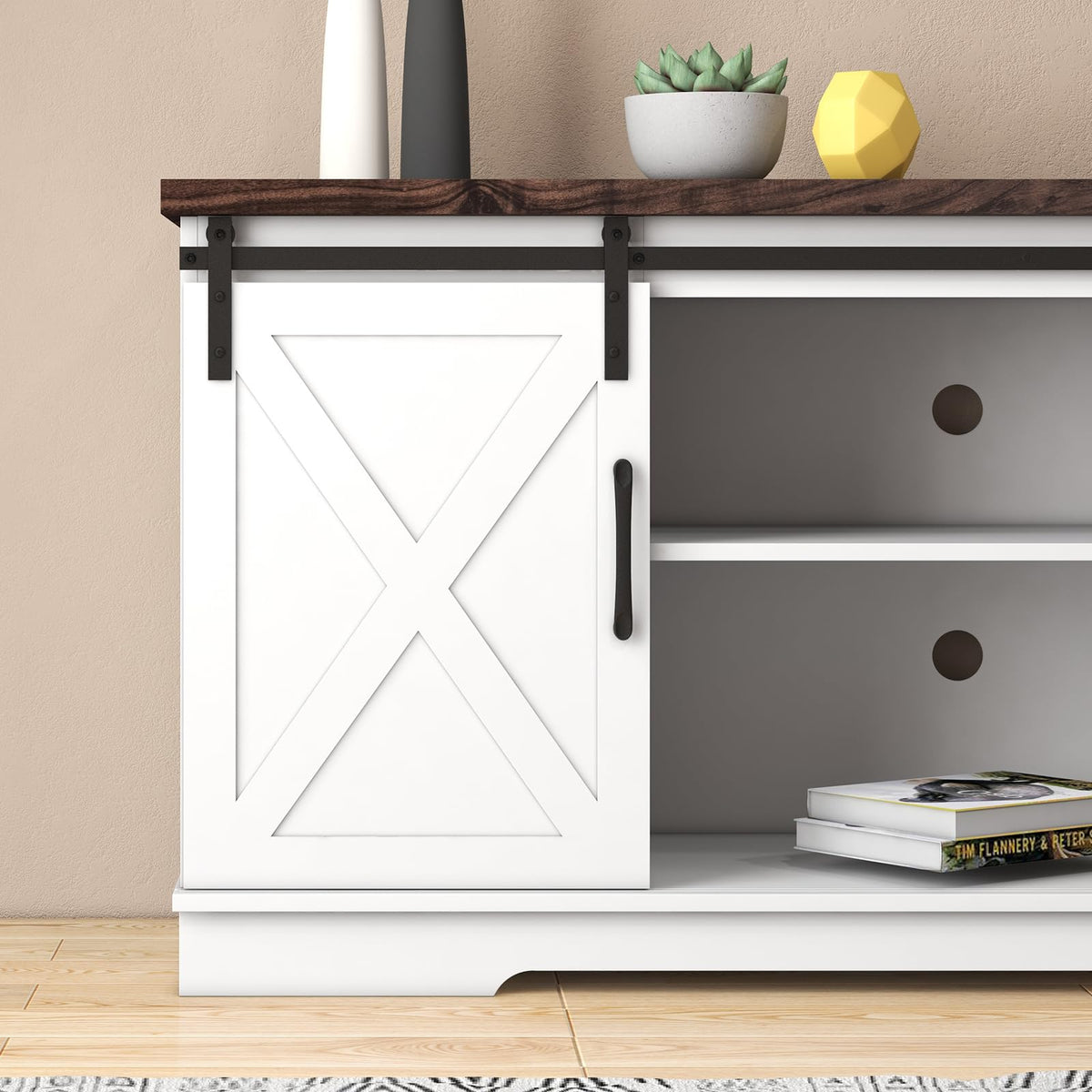 Farmhouse TV Stand with Sliding Barn Doors, White & Brown O586389