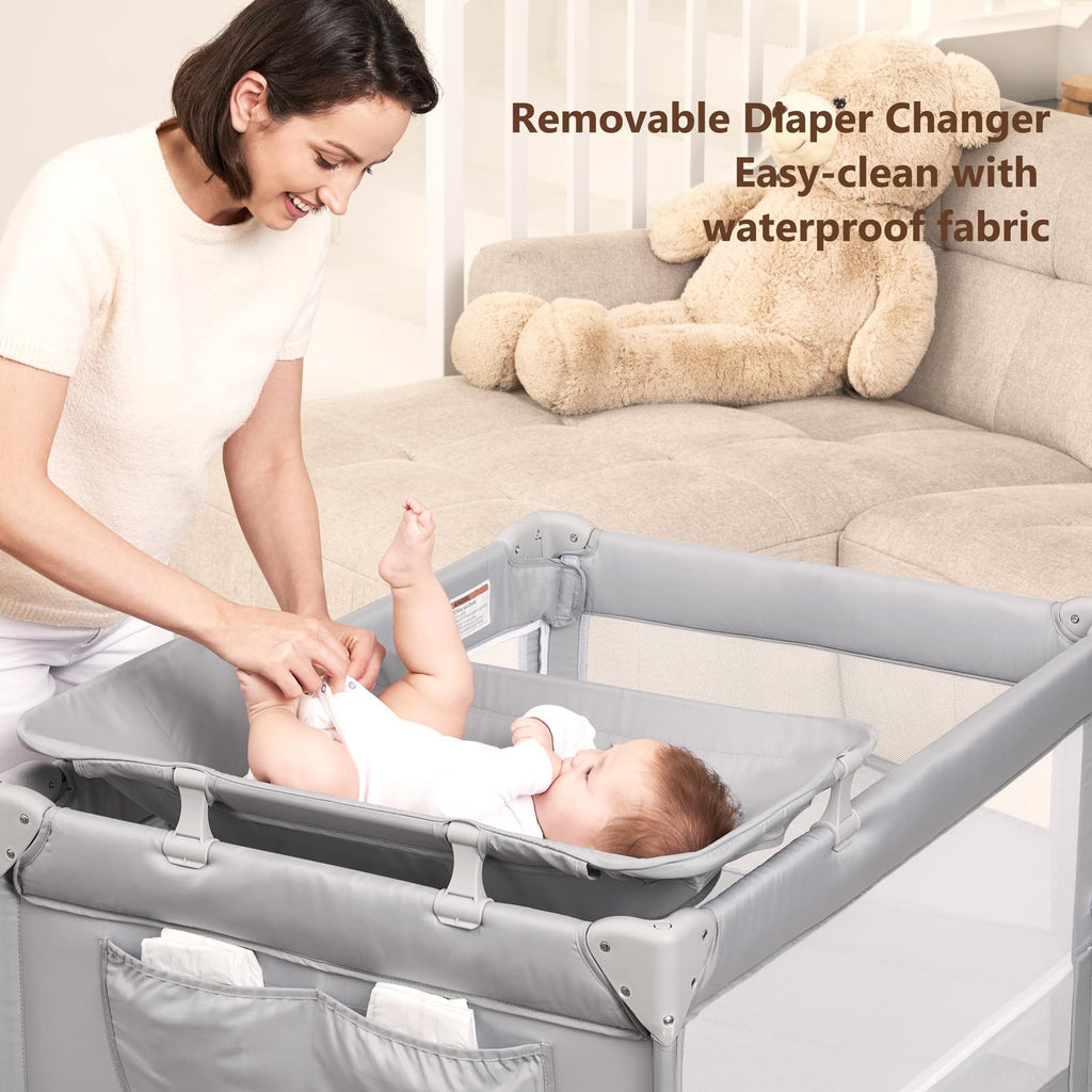 Pack and Play, Baby Bassinet Bedside Crib with Changer, Grey B835