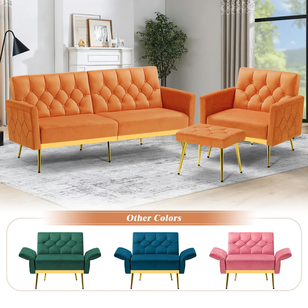 Orange Velvet Accent Chair with Ottoman O5900