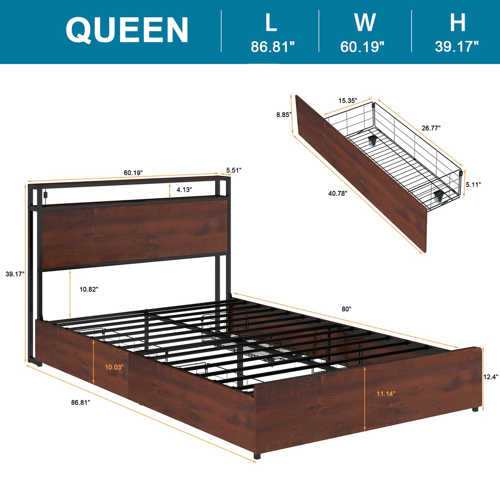Queen Size Bed Frame with 4 Storage Drawers C487605