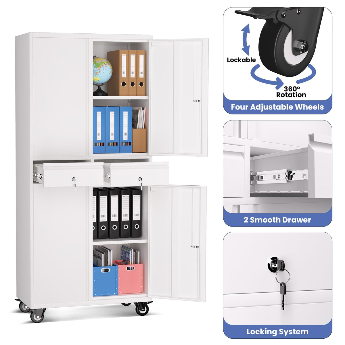 72” Rolling Metal Storage Cabinet with Locking Doors & 2 Drawers A25135