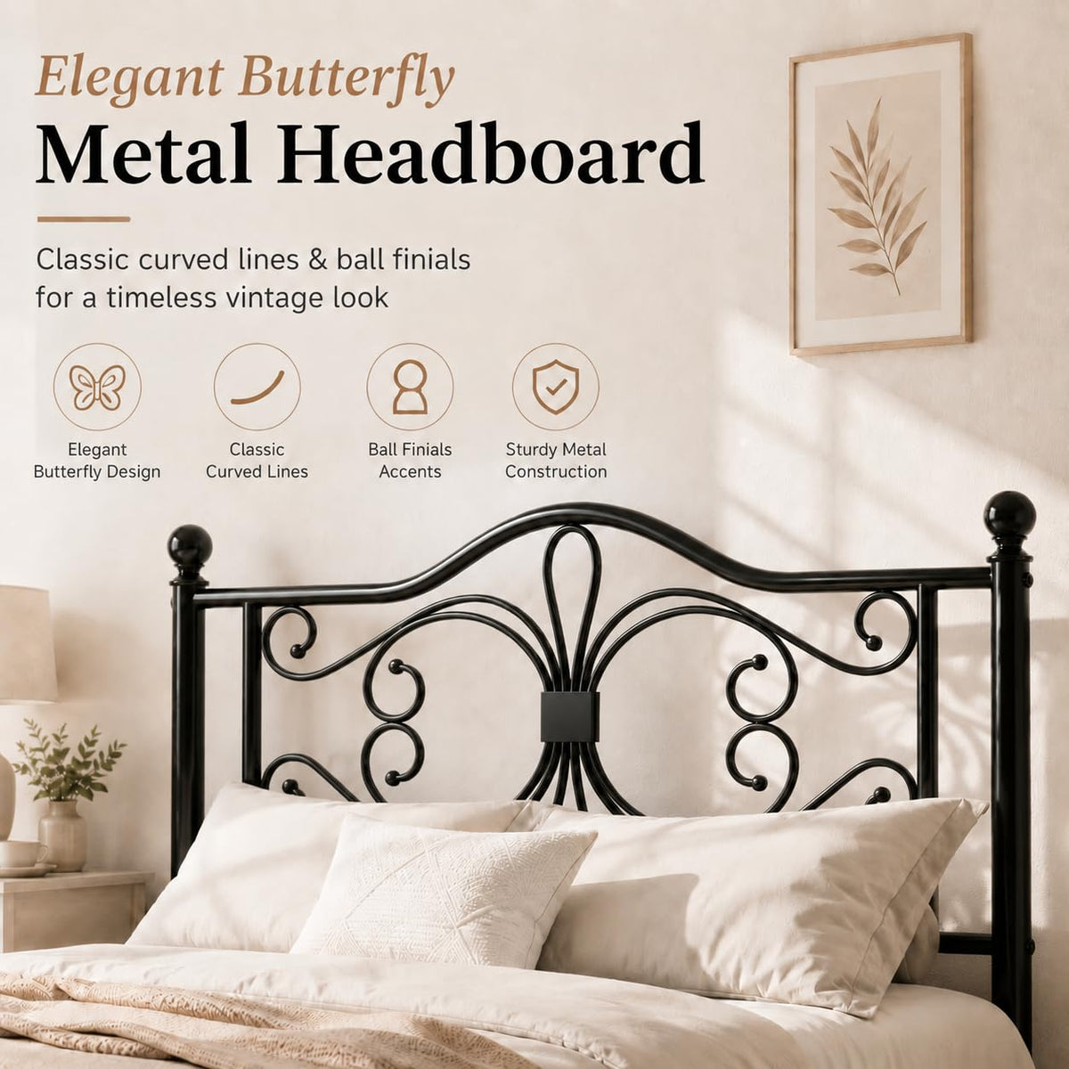Full Size Bed Frame with Butterfly Pattern Headboard, Black Z6206