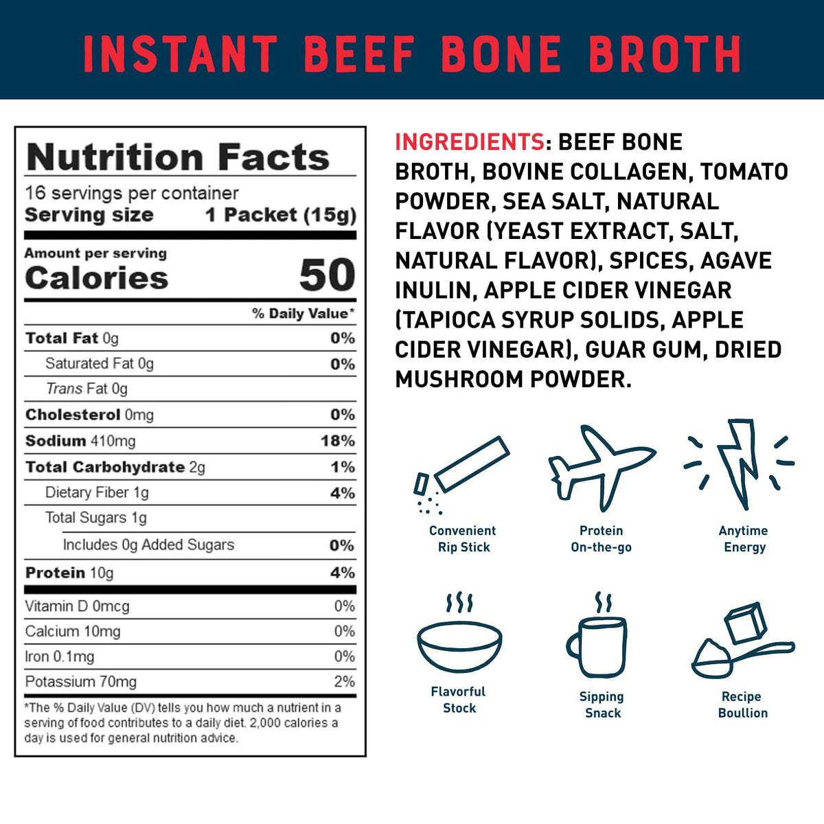 Beef Bone Broth Instant Powder Mix Packets 16 Pack Y92919