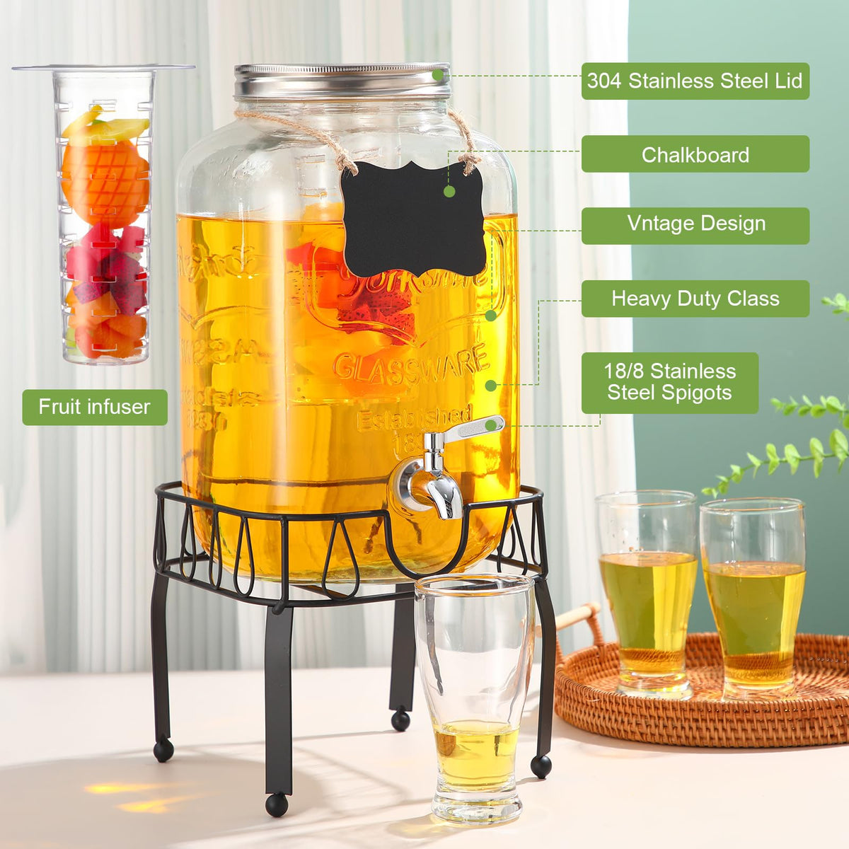 3 Gallon Glass Beverage Dispenser with Stand F7983