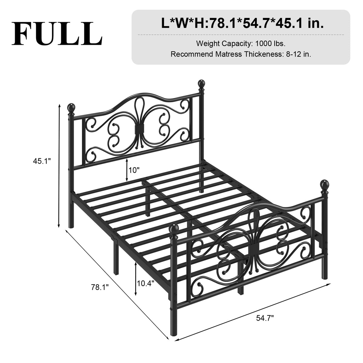 Full Size Bed Frame with Butterfly Pattern Headboard, Black Z6206