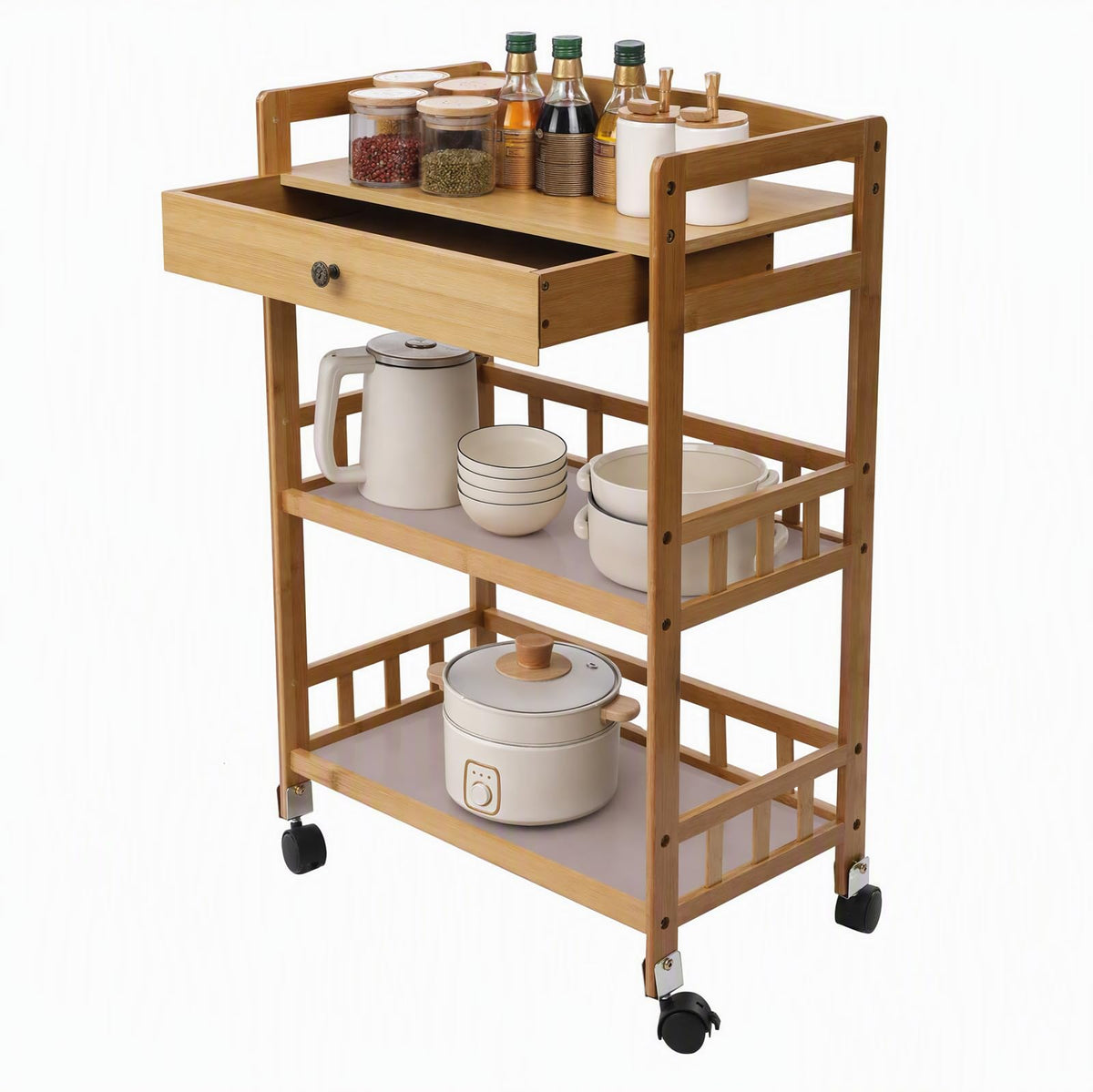 3-Tier Bamboo Kitchen Cart with Drawer E63178