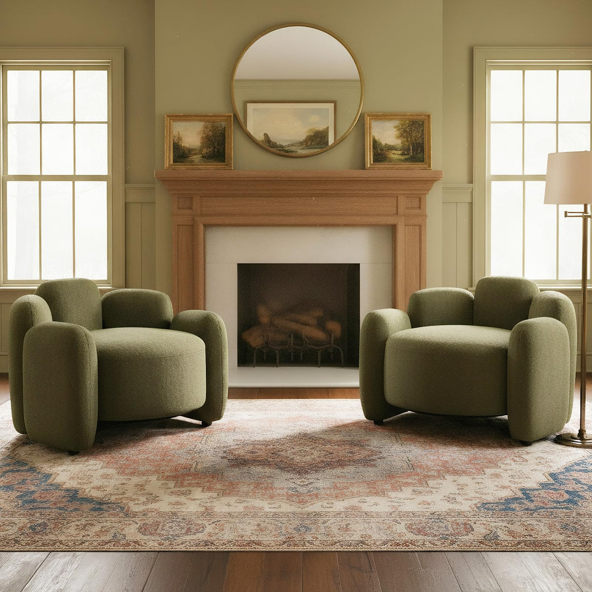 Green Set of 2 Upholstered Barrel Accent Chairs with Solid Wood Base V6266