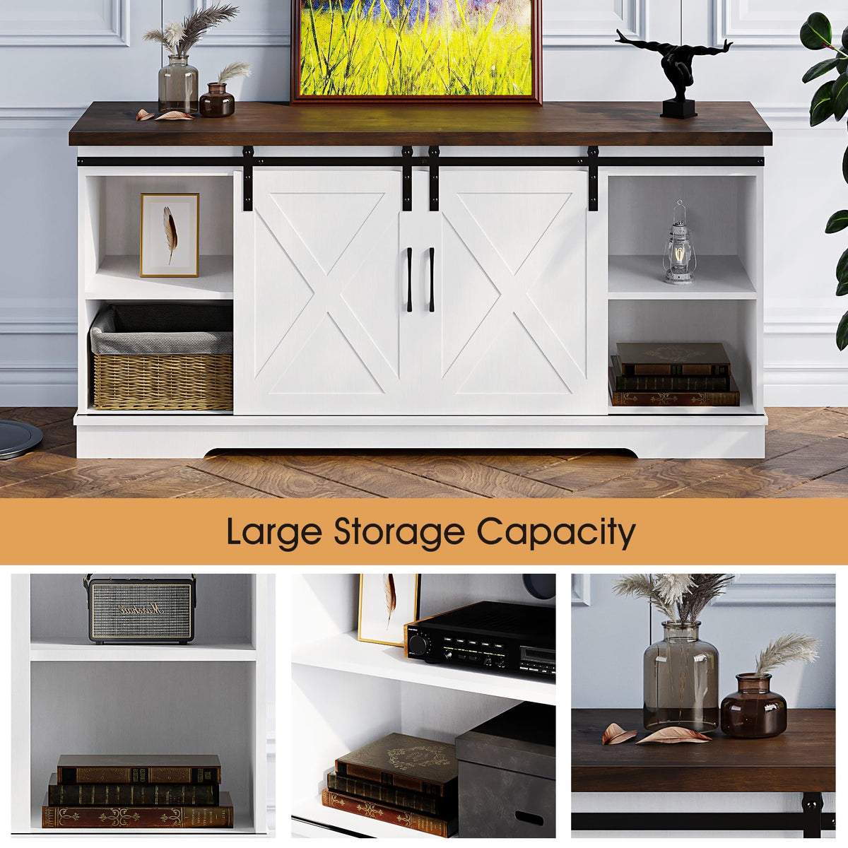 Farmhouse TV Stand with Sliding Barn Doors, White & Brown O586389