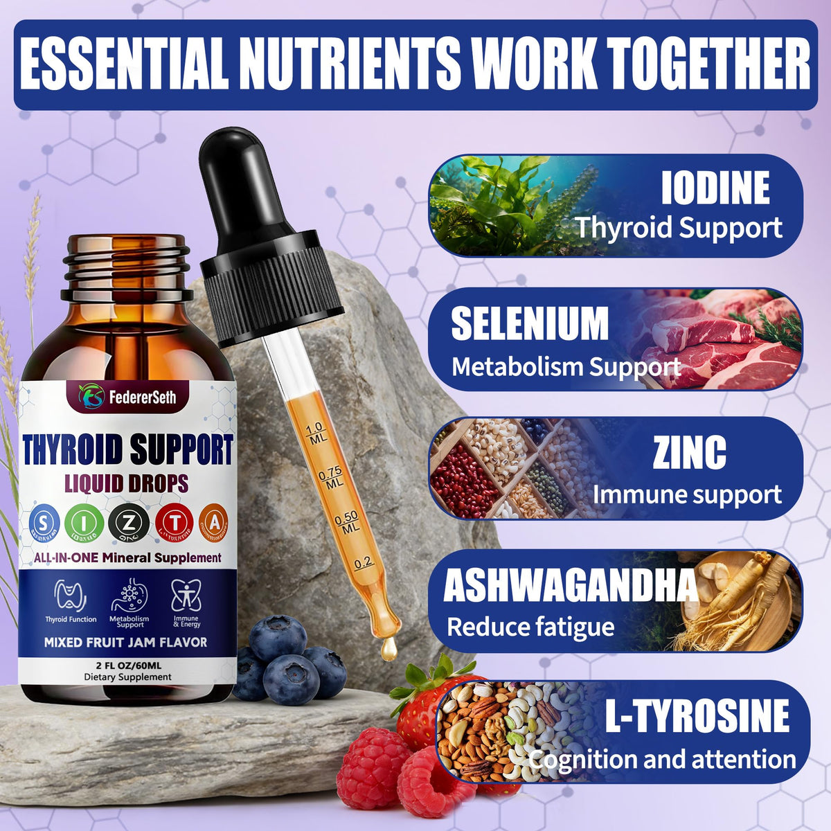 Liquid Thyroid Support Supplement with Selenium Zinc Iodine 2 Fl. Oz E634178